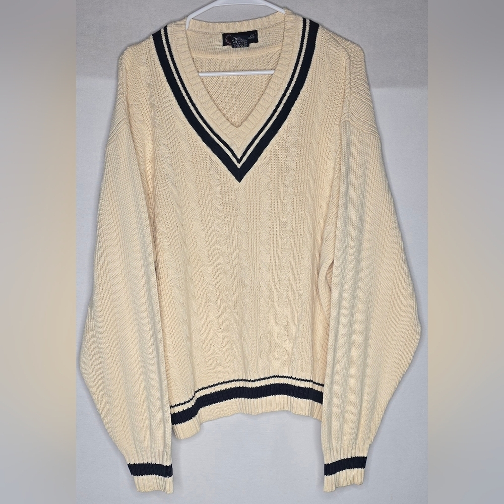 Mens Vintage Faconnable 100% Cream Navy Sweater Size Large